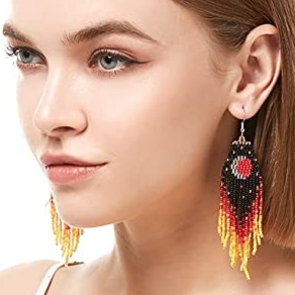 Eclipse Crescent Moon Black Orange Long 5" Bead Earrings Handmade Oversized New - Picture 3 of 7